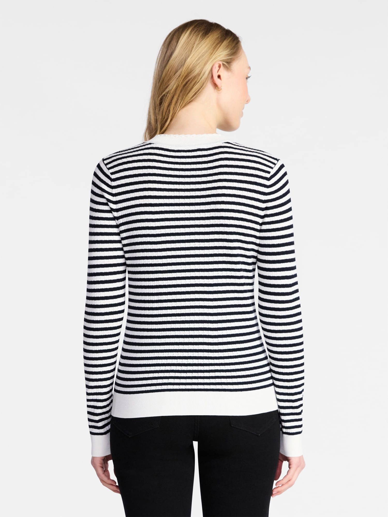 Time and Tru Women's Stripe Pointelle Rib Sweater with Long Sleeves, Lightweight, Sizes XS-XXXL