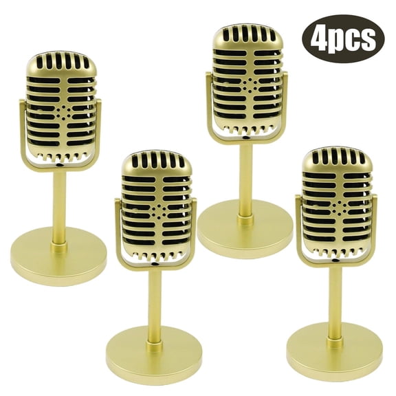 Retro Vintage Microphone Props - Gold Plastic Pretend Mic Stands for Party,Easter Party Decor,and Photo Booth Decor,4 Pcs
