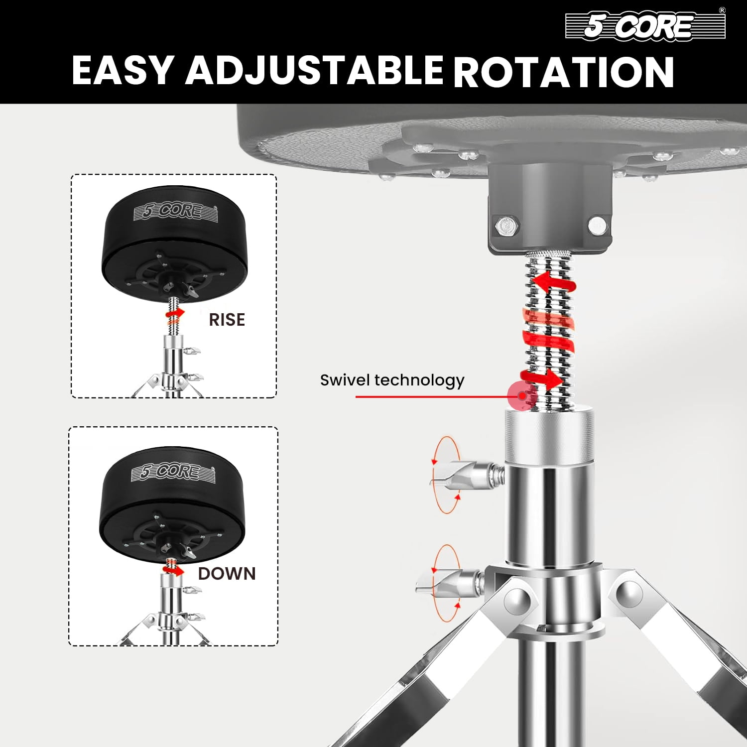 5Core Drum Throne Padded Guitar Stool Swivel Adjustable Drummer Seat Music Chair BLACK VELVET