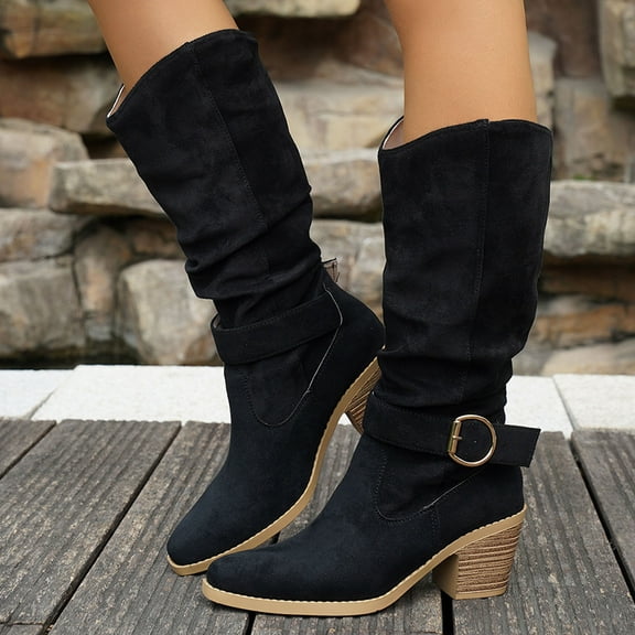 Viluyesy Womens Mid-Calf Boots, Chunky Heels Pointed Toe Pull-On Fall Winter Suede Slouch Boots Black US7.5