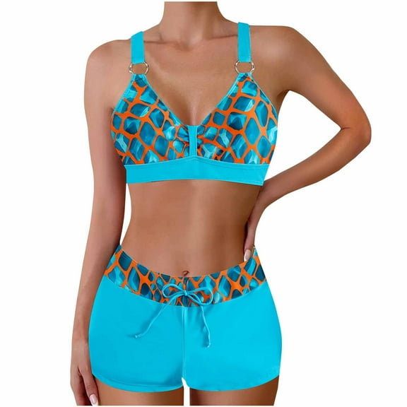 Wyobmus Plus Size Bikini Sets for Women V-Neck Floral Print Spaghetti Stras Tankini Tops Solid Color Drawstring Shorts Swimsuits Blue