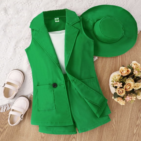 YWDJ Spring And Summer Childrens Suspenders Solid Color Suit Shorts Sleeveless Jacket Girls Four-piece Suit Green 5Y
