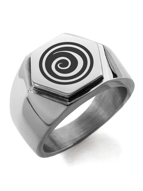 Stainless Steel Air Element Rune Engraved Hexagon Crest Flat Top Biker Style Polished Ring