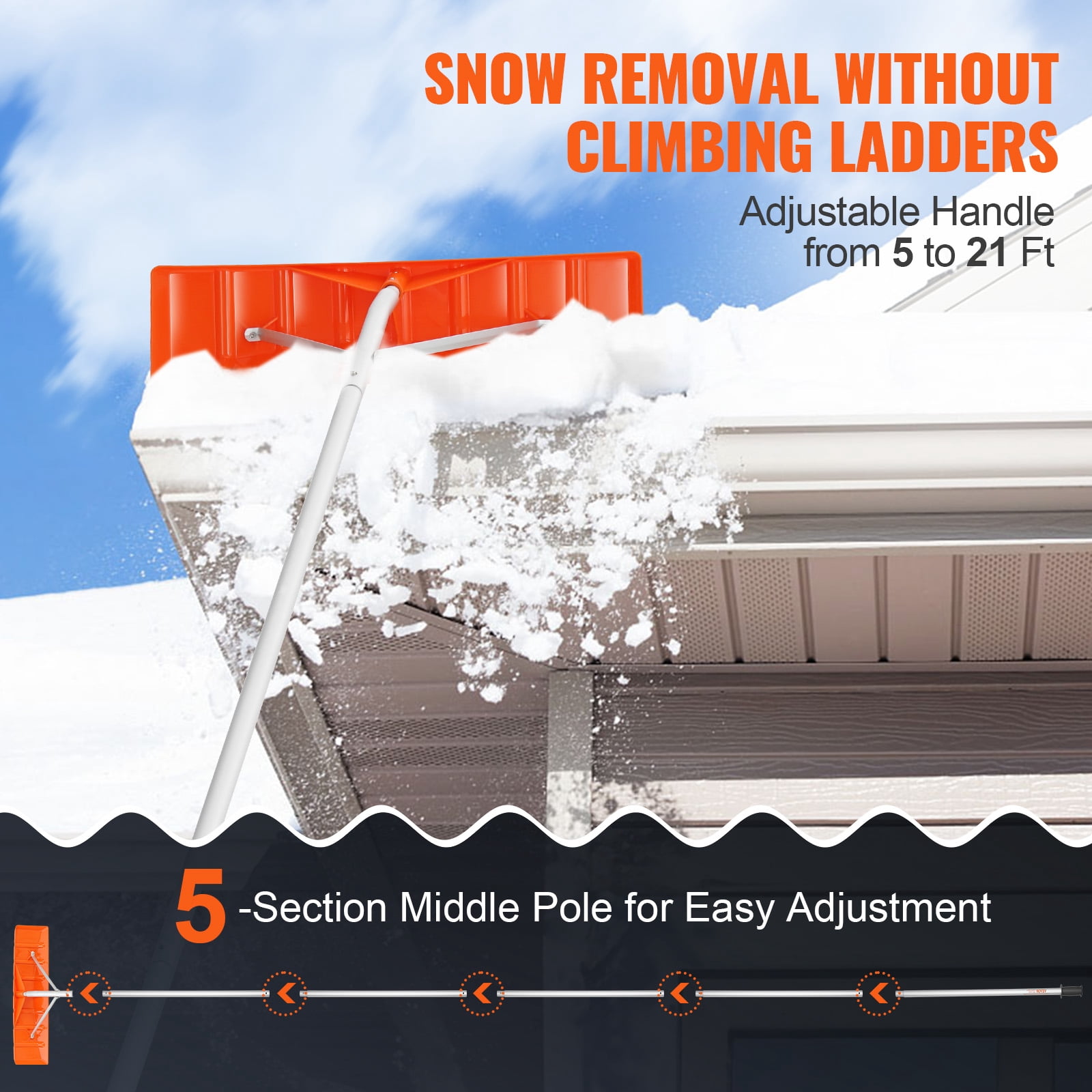 VEVOR Snow Rake 25'' ABS Blade Snow Removal Tool 21ft Aluminium Roof Shovel
