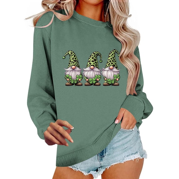 Funny St Patricks Day Sweatshirt Women Leopard Gnomes Graphic Pullover Long Sleeve Crewneck Tops Cute Irish Shirt