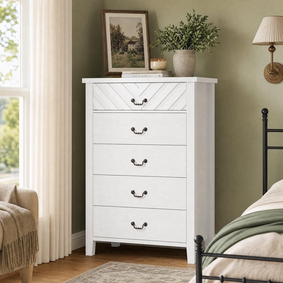 Panapinka Tall Nightstand with 5 Drawers, 30.3" Bedside Table with 3D v-Pattern Front, Modern Wood Night Stand with Storage for Bedroom, Entryway or Living Room