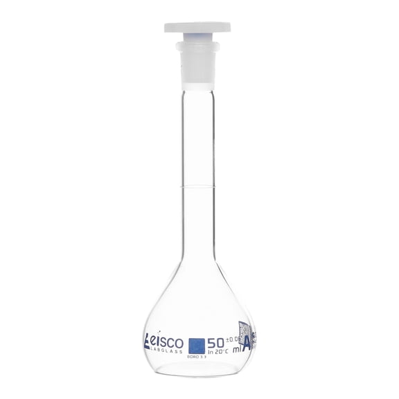 Volumetric Flask, 50mL - Class A - Borosilicate Glass, Polyethylene Stopper, 12/21 Socket - QR Code Marking for Calibration Certificate - Eisco Labs