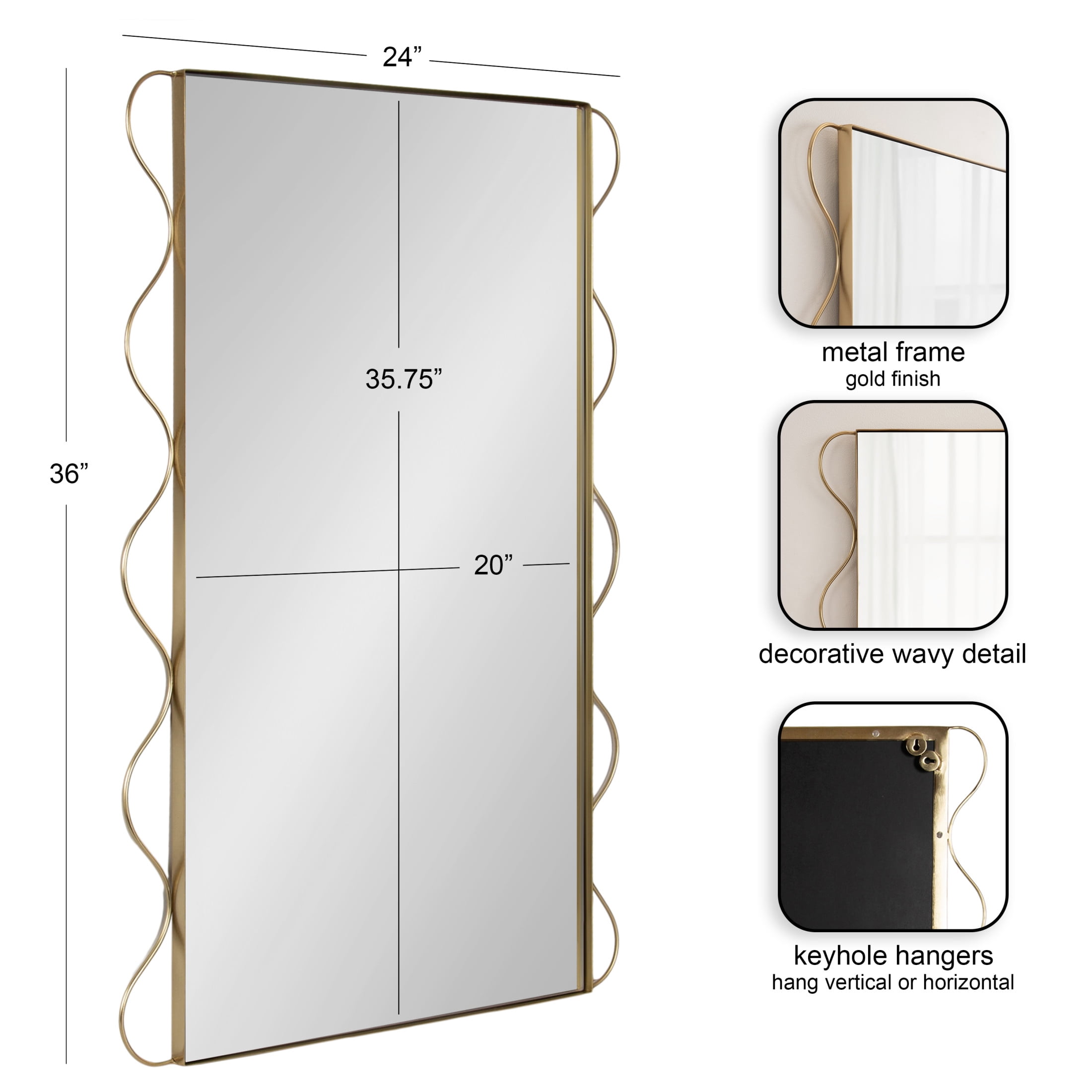 Kate and Laurel Wriggle Modern Scalloped Rectangle Mirror, 24 x 36, Gold, Decorative Wavy Mirror with Unique Rippled Edge for Use as Contemporary Bathroom Vanity Mirror