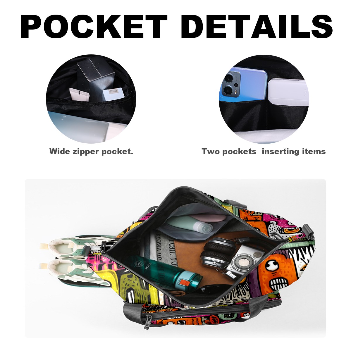 Large Gym Bag with Shoe Compartment, Water-Resistant Duffle Bag for Men and Women, Colorful Whimsical Cartoon Characters Sports Tote for Workout Travel