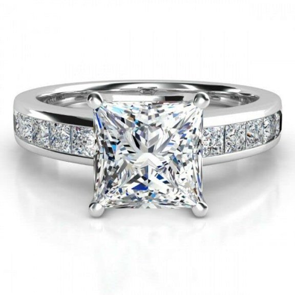 HeartsAndYou 2ct Princess Cut Moissanite Solitaire Accents Engagement Ring for Women 18k White Gold over Silver