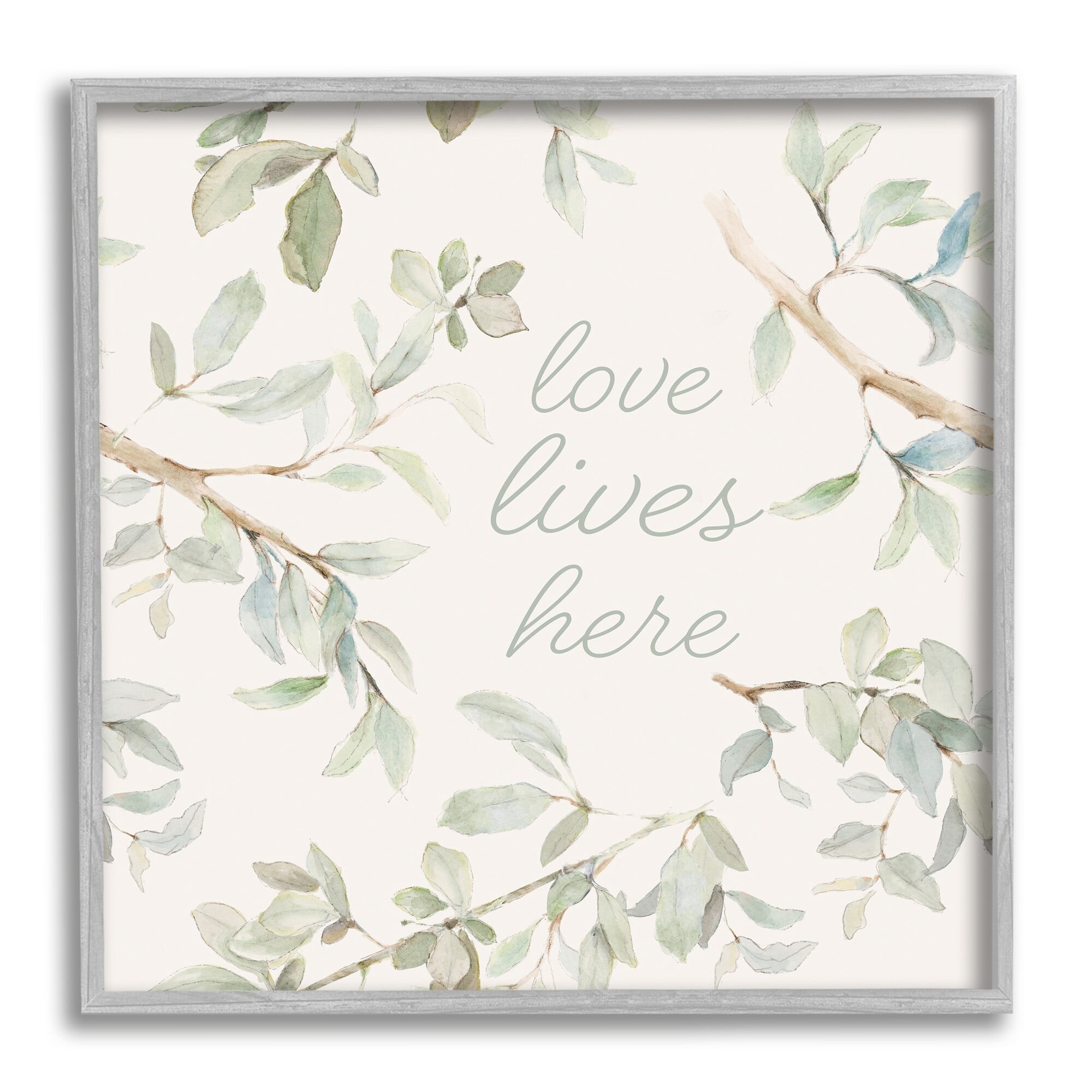 Stupell Industries Love Lives Here Cursive Botanical Branches Phrase Graphic Art Gray Framed Art Print Wall Art, Design by Lanie Loreth