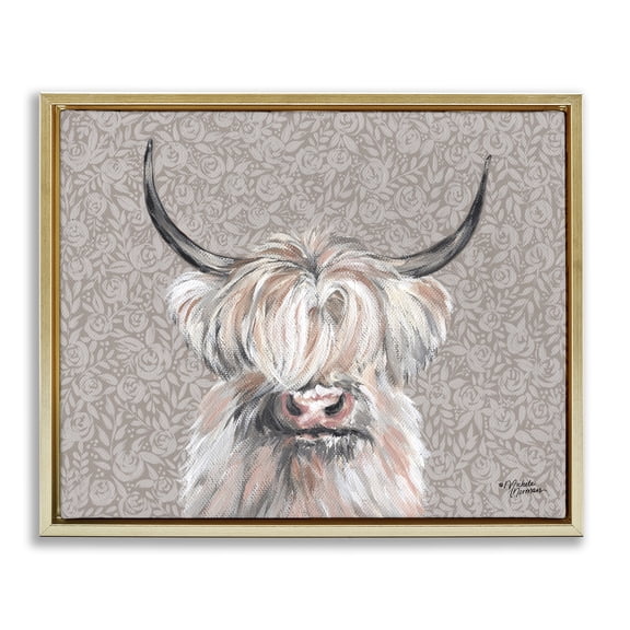 Stupell Industries French Country Shaggy Cattle over Floral Pattern Gold Floating Frame Canvas Art, 21 x 17, by Michele Norman