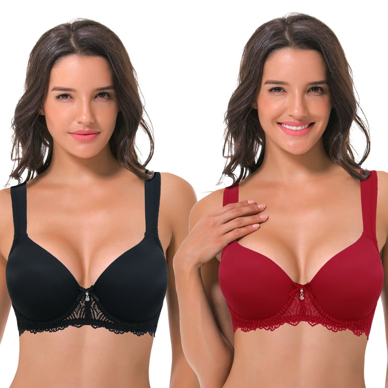 Curve Muse Women's Lightly Padded Underwire Lace Bra with Padded Shoulder  Straps-2PK-BLACK,WINE-40DD