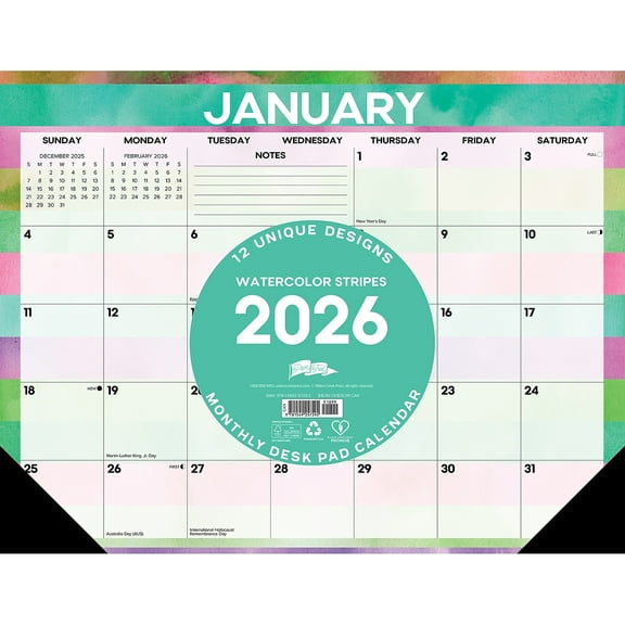 2026 Willow Creek Watercolor Stripes 22" x 17" Monthly Desk Pad Calendar (57292)