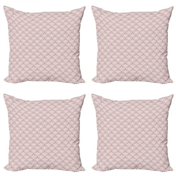 Pink Damask Throw Pillow Cushion Case Pack of 4, Monochrome Abstract Leaves and Floral Details Rhythmic Illustration, Modern Accent Double-Sided Print, 4 Sizes, Pale Salmon and White, by Ambesonne