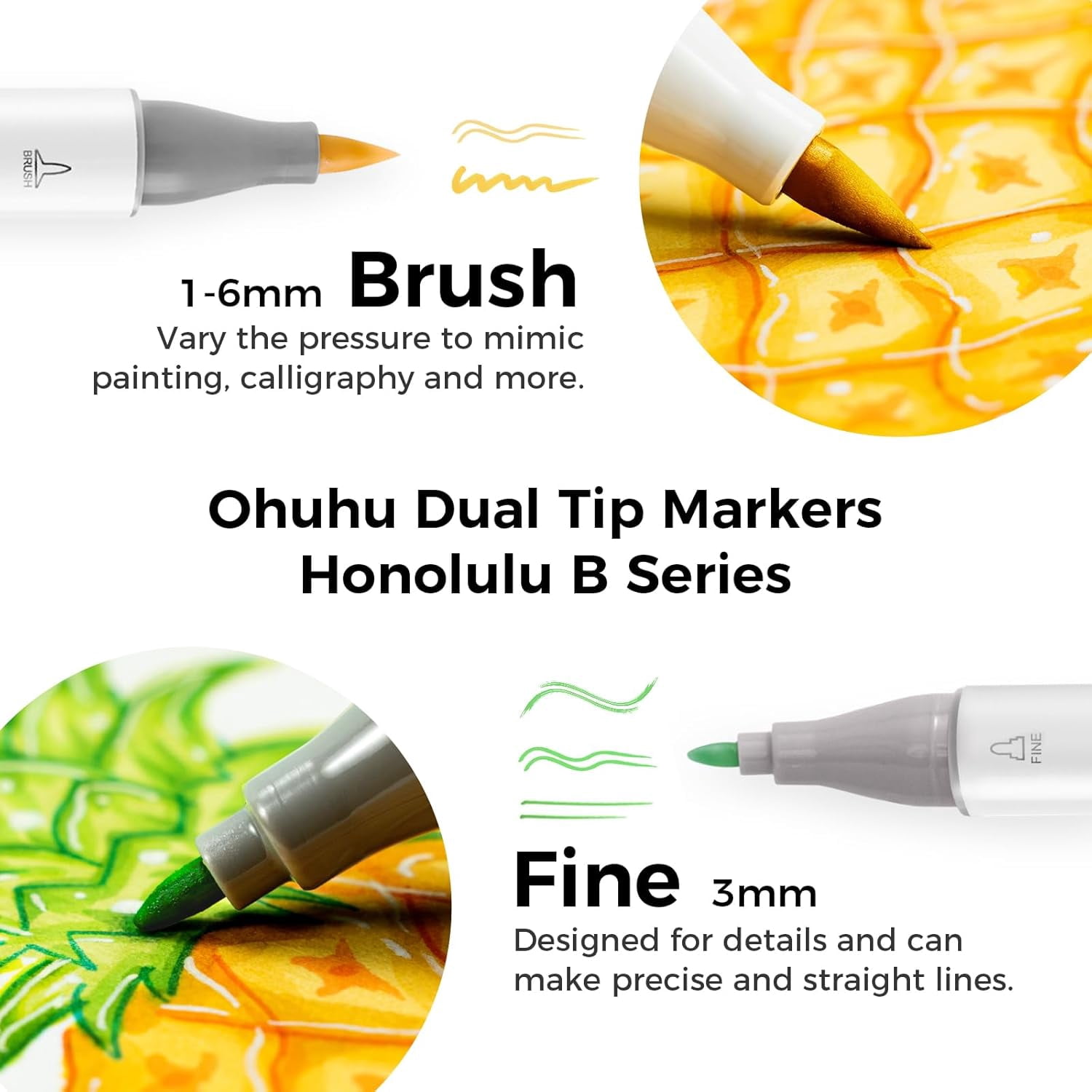 Ohuhu Alcohol Markers Brush Tip: 168-Color Double Tipped Art Marker Set for Artist Adults Coloring Illustrations -Honolulu B -Brush & Fine -Refillable