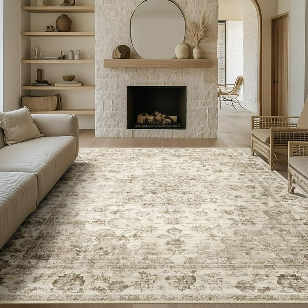 Alfombra Area WondrG, color beige neutro, con estampado floral, 230 x 300 cm, antideslizante