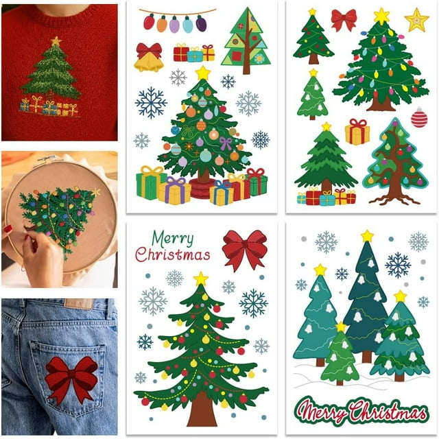 4 Sheets Christmas Tree Colorful Water Soluble Hand Sewing Stabilizer for Fabric Stitch Practice Christmas Snowflakes Embroidery Stickers Wash Away Stabilizer for Beginners