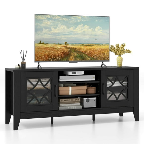Costway TV Stand for TVs up to 65" with 3-Position Adjustable Shelves Tempered Glass Doors Black