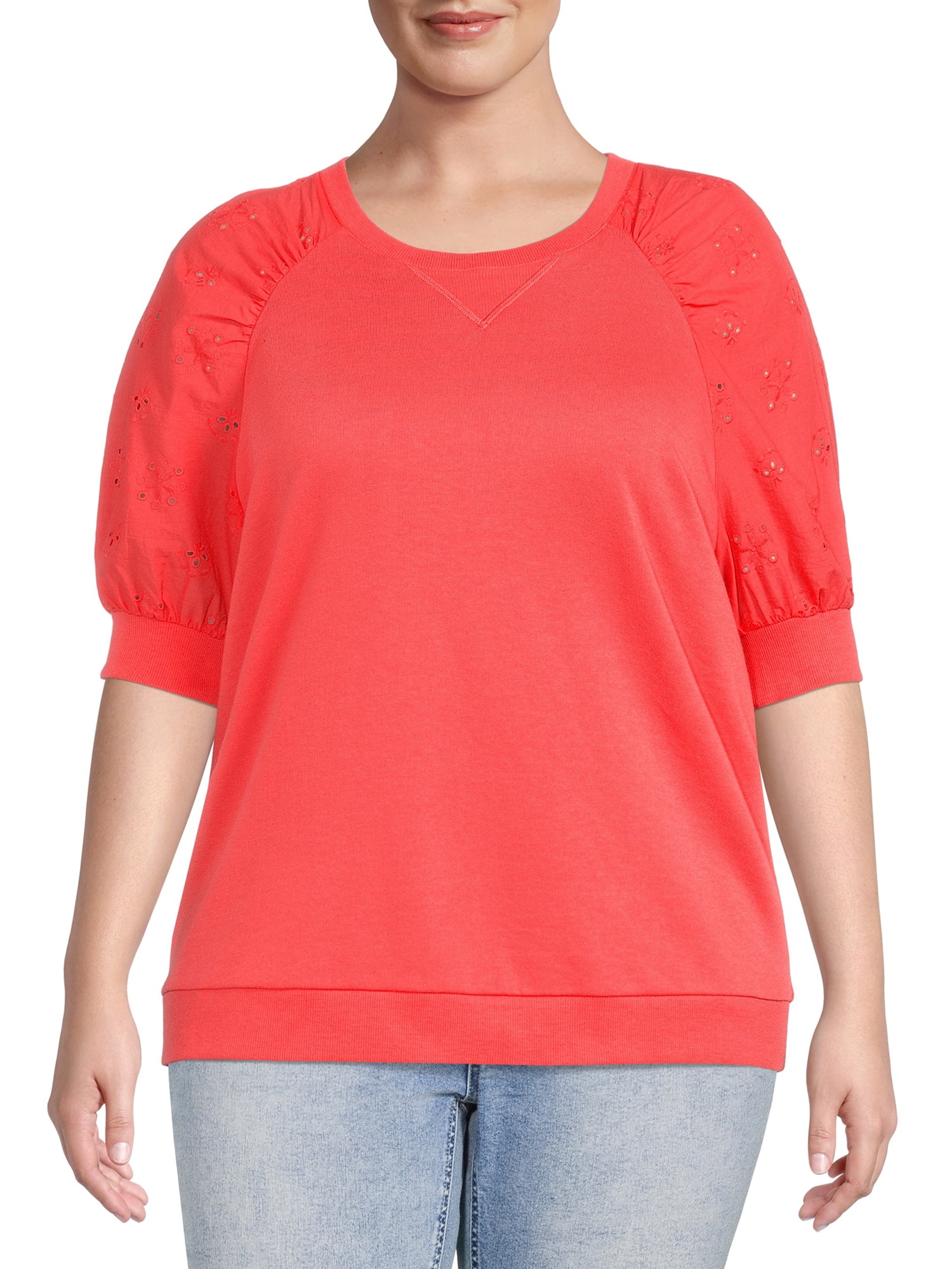 The Get Women's Plus Size Eyelet Short Sleeve Sweatshirt, Size: 3XL, Pink