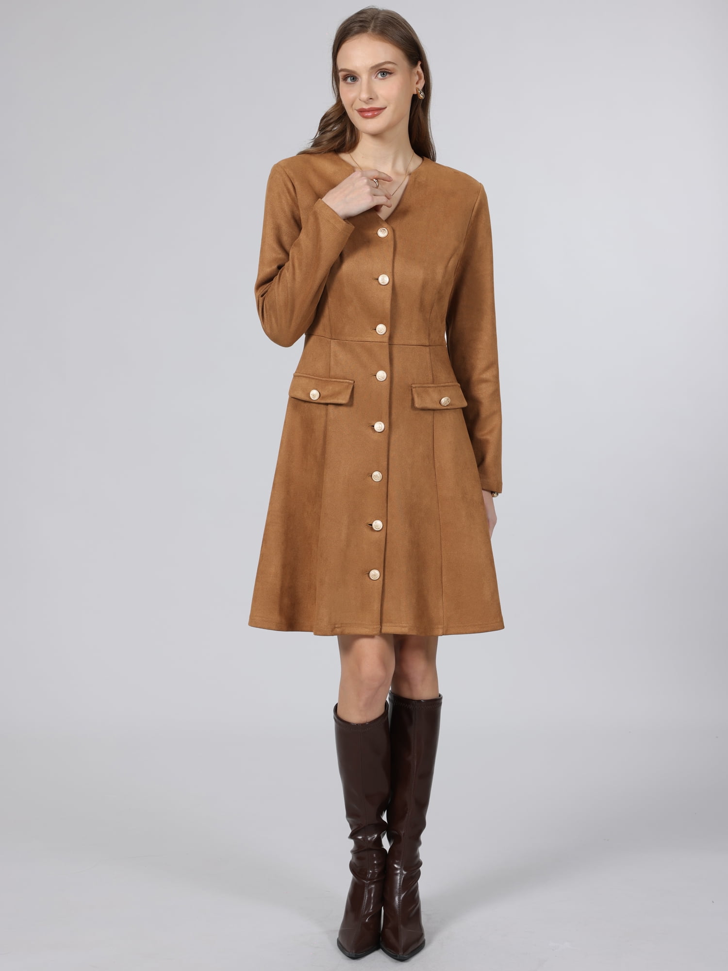 DARING DIVA Women's Faux Suede Button Down V Neck Long Sleeve Dress S Brown