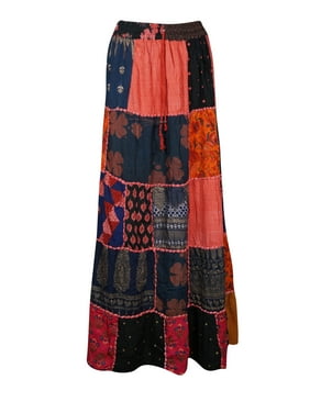 Mogul Women Long Patchwork Skirt, Rayon Tiered Flared Gypsy Boho Maxi Retro Floral Hippie Elastic Waist Summer Skirts S/M
