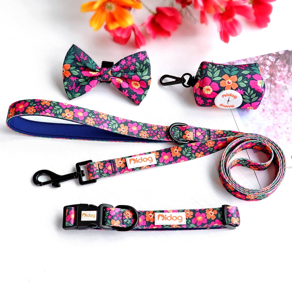 Didog Floral Cute Bowtie Dog Collar & Leash & Poop Bags Holder Adjustabale for Puppy