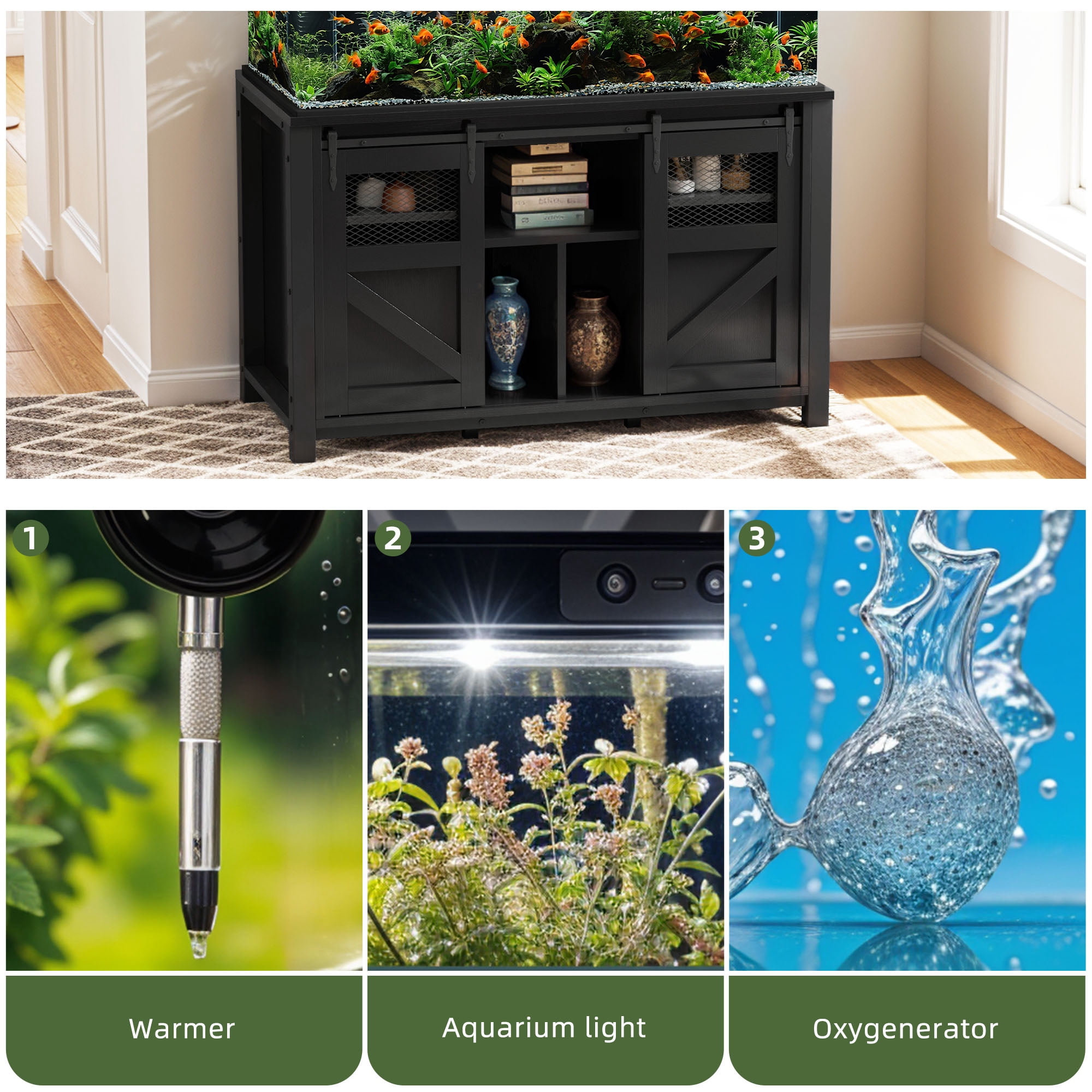 Uforic 120 Gal Fish Tank Stand with Storage, 1100 Lbs Capacity, Power Outlets, Barn Door, Black