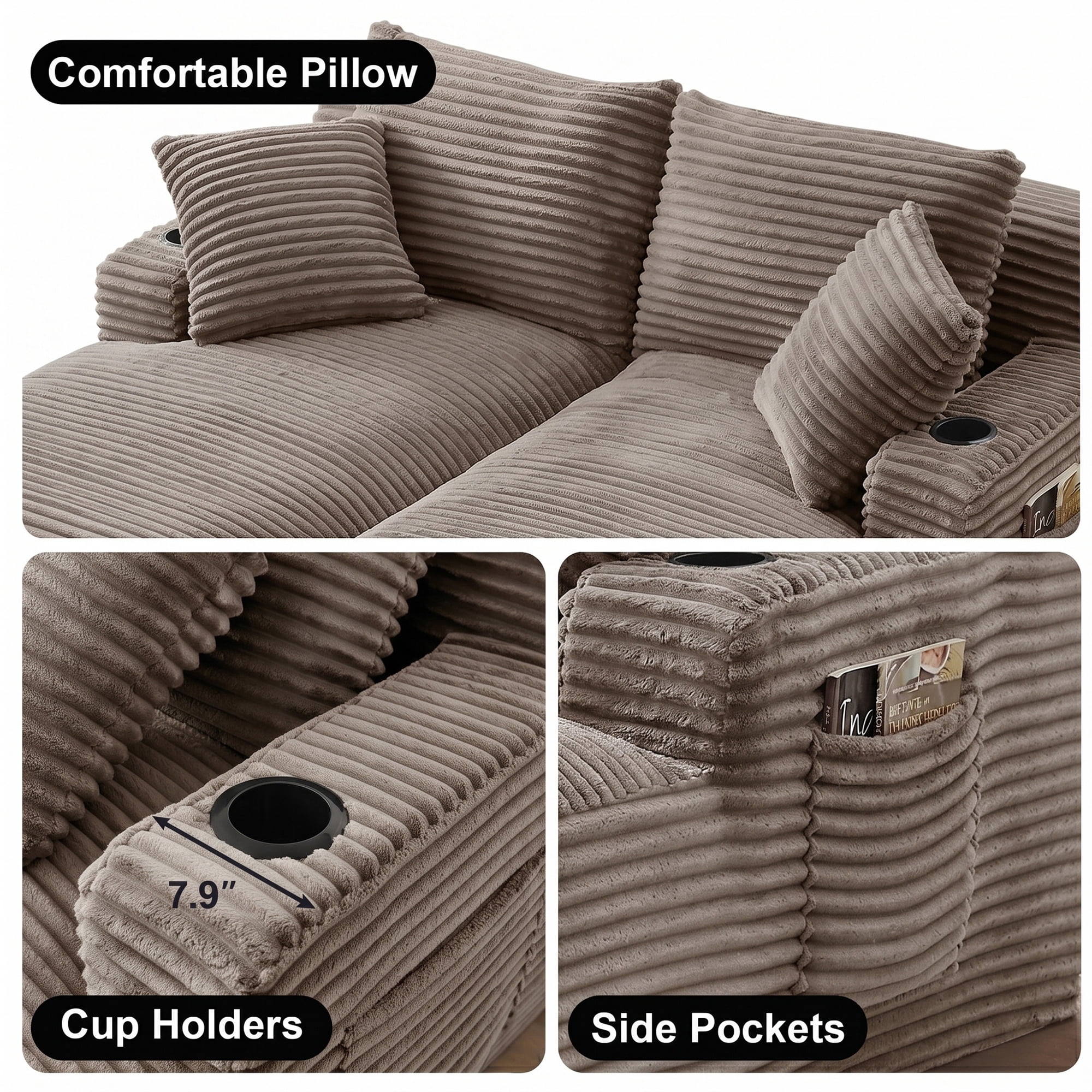 Aukfa 69" Oversized Double Chaise Lounge Boneless Couch Modular Loveseat Sleeper Sofa Bed for Living Room, 2 Cup Holders, Corduroy, Brown