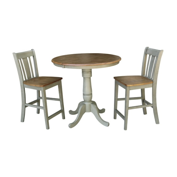36" Round Solid Wood Extension Dining Table With 2 San Remo Counter Height Stools in Distressed Hickory/Stone by International Concepts