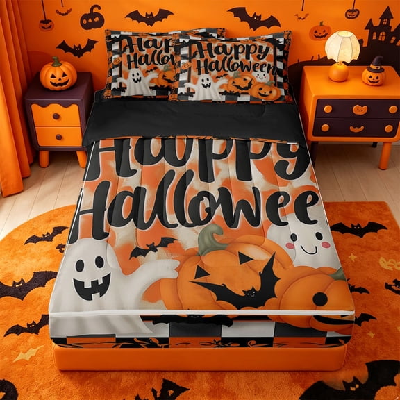 Homewish Happy Halloween Themed Zipper Twin Comforter Sets with Fitted Sheet and 2 Pillowcases,Plaid Pumpkin Ghost Pattern Zipper Bedding Set,Black Reversible,4pcs