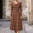 thumbnail image 5 of JUUNthy Women Plaid Midi Dress, Ruffle Collar Long Sleeve High Waist Pleated A-Line Vintage Casual Flowy Dress Brown L, 5 of 11