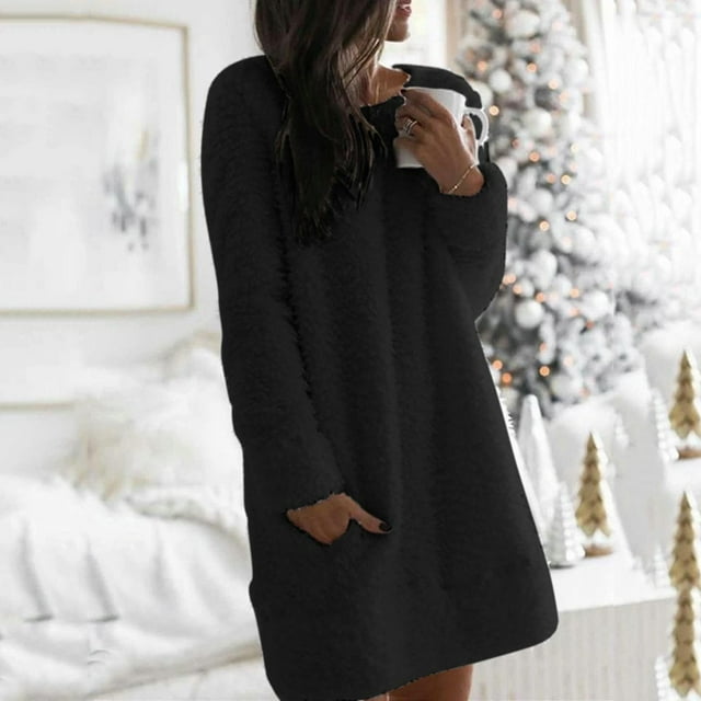 LSLJS Hauts Thermiques pour Femmes, Robe Droite en Peluche à Manches Longues Décontractée à Col Rond pour Femmes