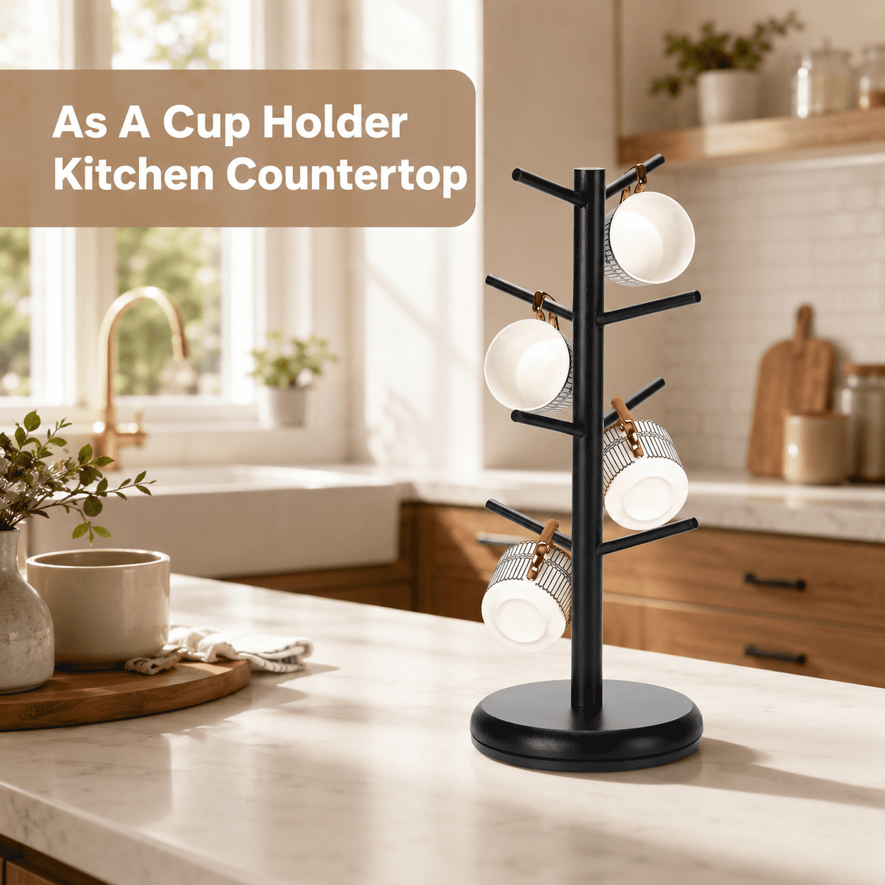 Bamboohomie Mug Tree, Coffee Cup Holder for Countertop, Rotating Coffee Mug Tree Stand with 8 Hooks, Black