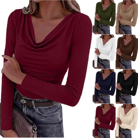 MYAOTINo Boundaries Ladies Solid Color Cowl Neck Shirt Long Sleeve Basic Top