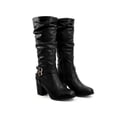 thumbnail image 4 of BLISSFUL STEP Women's Slouch Buckles Biker Boots Chunky Heels Knee High Boot Black 10, 4 of 8