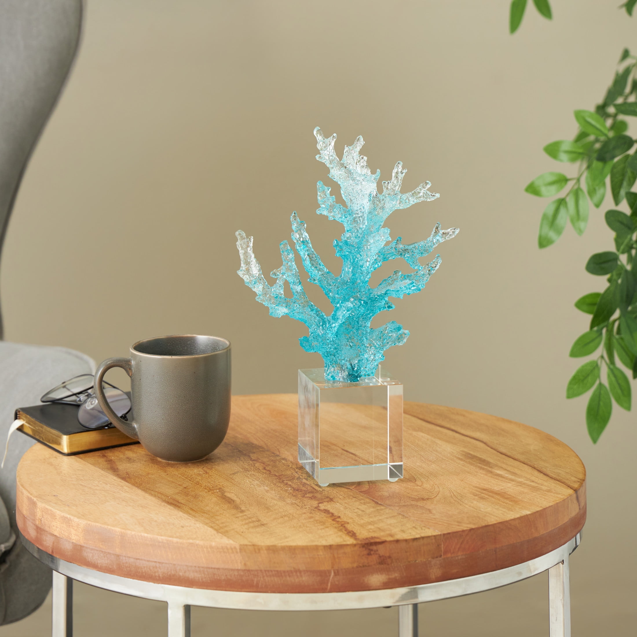 8" x 11" Blue Glass Ombre Coral Sculpture with Clear Square Base, by DecMode