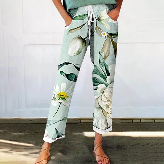 Luowei Women's Autumn Fragrant Linen Linen Vintage Floral Print Casual Pants – Perfect for Spring Comfortable and Trendy for Relaxed Days and Everyday Wear, Green, L
