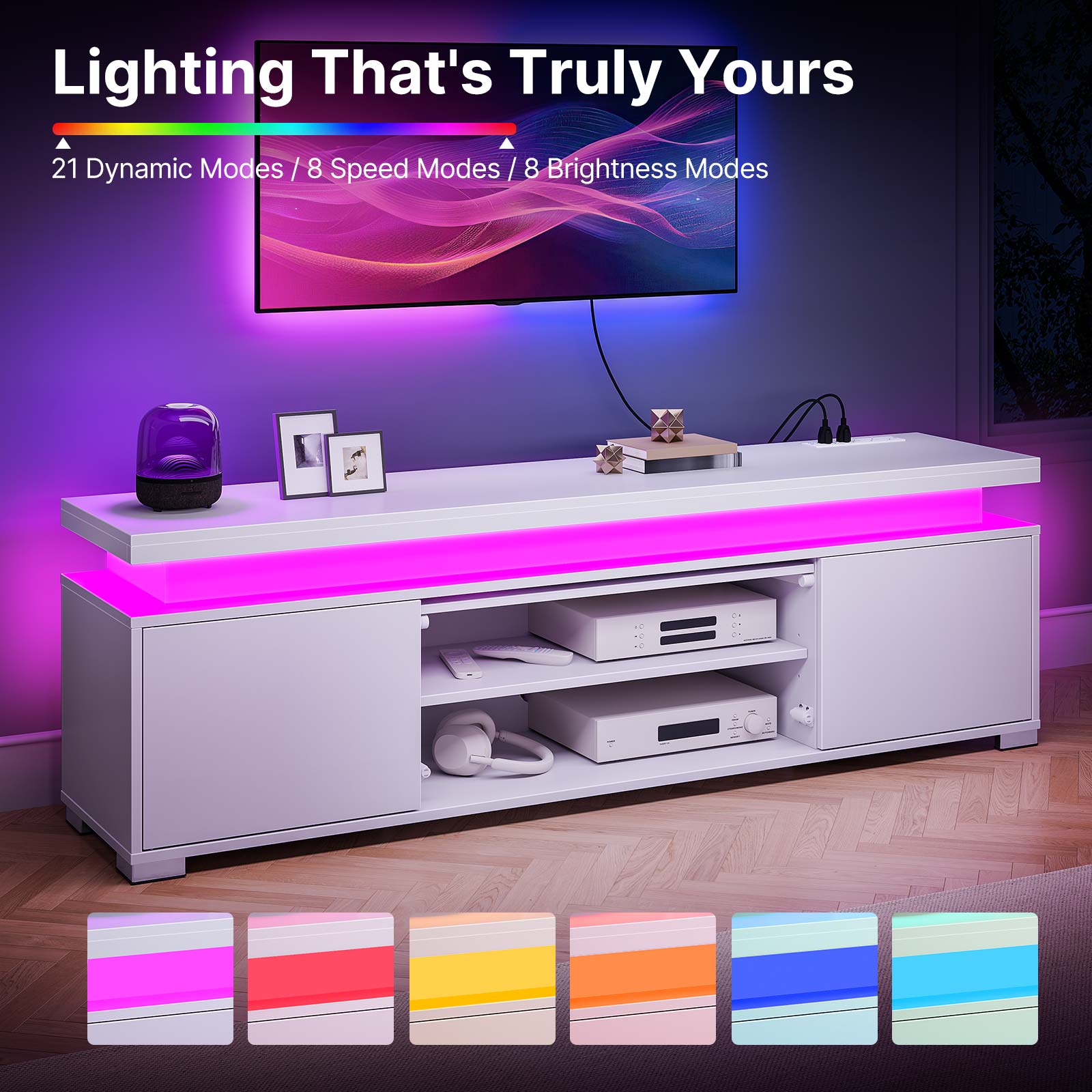 Greenstell 59" TV Stand for TVs up to 65", Gaming Entertainment Center with LED Lights & Power Outlet, White