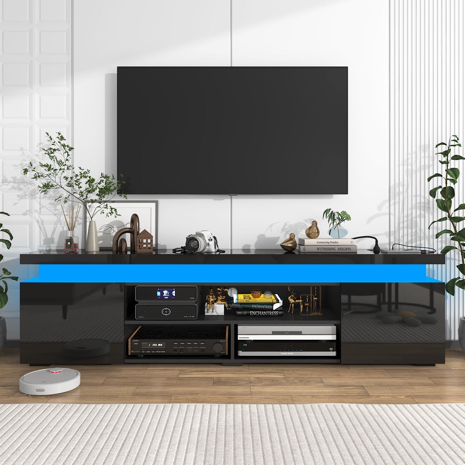 LED TV Stand for TVs up to 75" with Power Outlets, 66" High Gloss Gaming Entertainment Center Media Console with Sound Bar Shelf