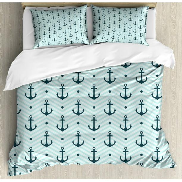 Anchor Duvet Cover Set Ocean Inspired Zigzag Backdrop With Pale