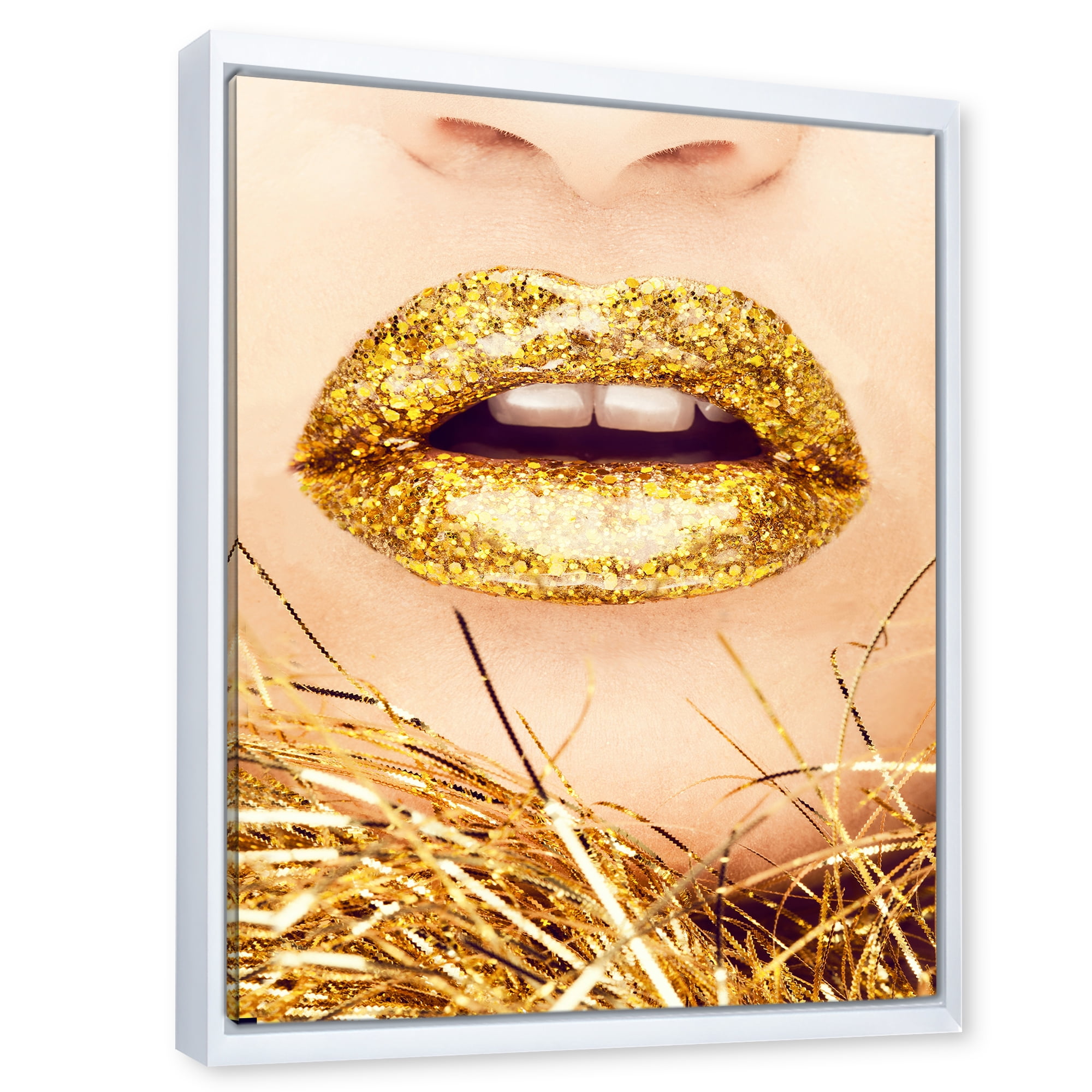 Designart 'Close-Up Of Golden Female Lips I' Modern Framed Canvas Wall Art Print