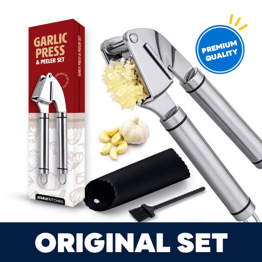 Garlic Press 3 in 1 Set Manual Crusher Garlic Peeler Brusher Stainless Steel