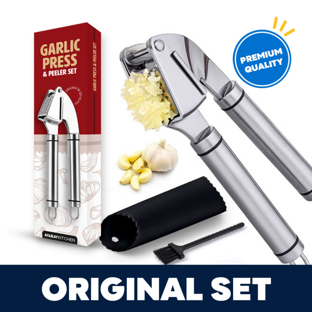 Garlic Press Set, Stainless Steel Mincer [Premium], Crusher & Peeler & Brush Set Professional