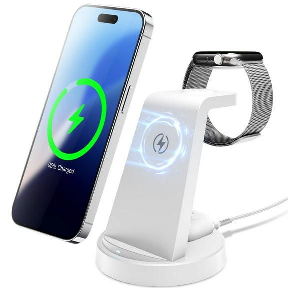 3 in 1 Charging Station, 15W Fast Wireless Charger Compatible with iPhone 17 16 15 14 13 12, Compatible with iWatch, Compatible with Airpods, White