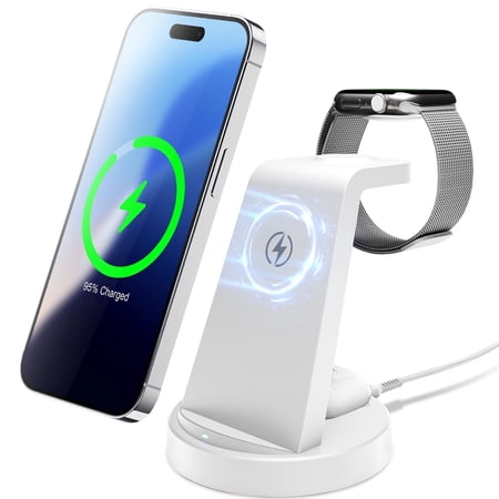 3 in 1 Charging Station, 15W Fast Wireless Charger Compatible with iPhone 17 16 15 14 13 12, Compatible with iWatch, Compatible with Airpods, White