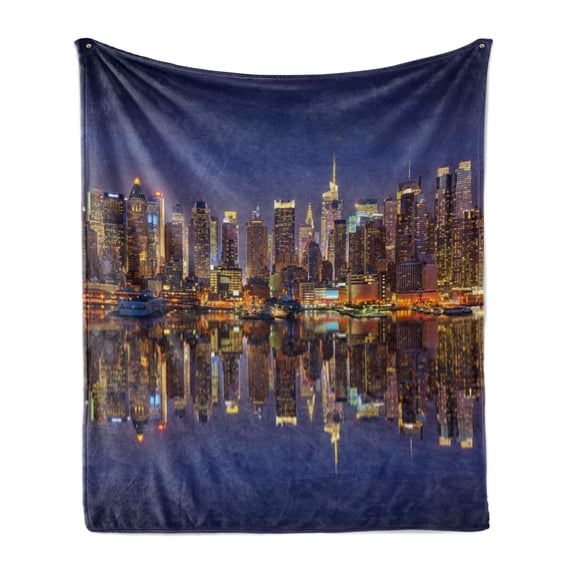 Landscape Soft Flannel Fleece Blanket, Cityscape Scenery of New York City at Midnight Usa Ocean Reflection Coast Photo, Cozy Plush for Indoor and Outdoor Use, 50" x 70", Multicolor, by Ambesonne