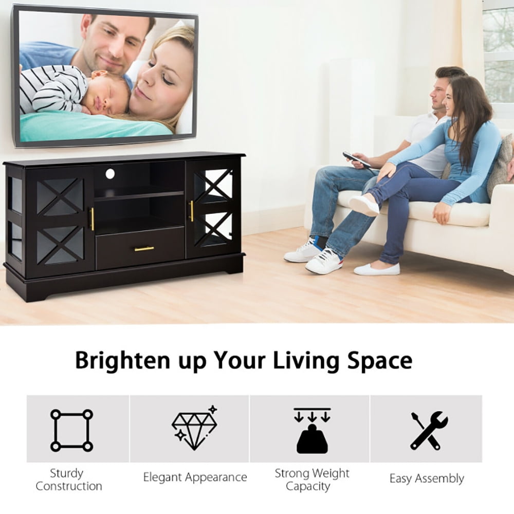 Finihen TV Stand, TV Cabinet, Wood TV Stand with 2 Glass Door Cabinets and 2-Tier Adjustable Shelves, Media Entertainment Center with Storage, for Living Room, Bedroom, Brown