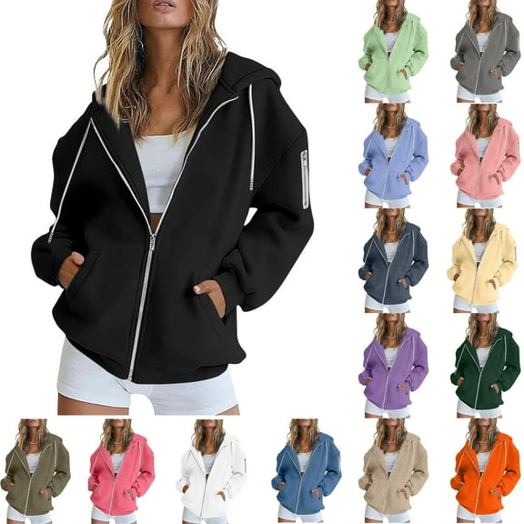 Zip Up Hoodie Women, Titcea Solid Color Pocket Drawstring Oversized Sweatshirt, Warm Comfy Lightweight Casual Jackets