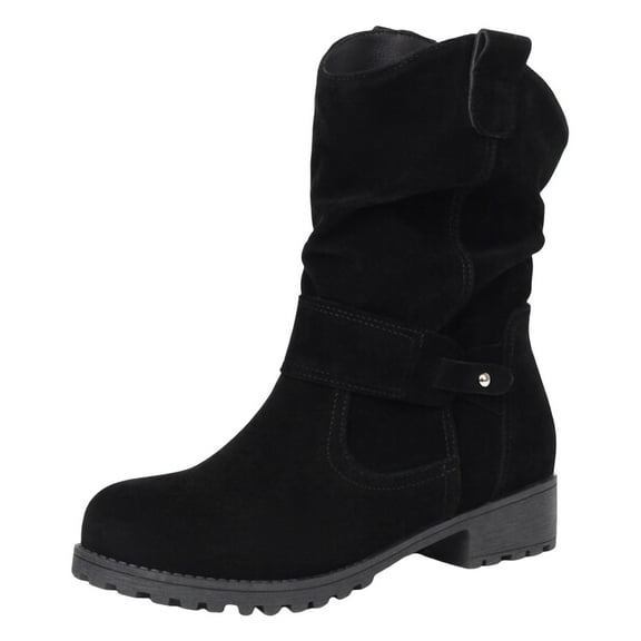 Guttear Women's Wide Width Mid Calf Ankle Boots Flat Heel Slouchy Leather Folds Winter Slip-on Knee High Boots Cowgirl Boot